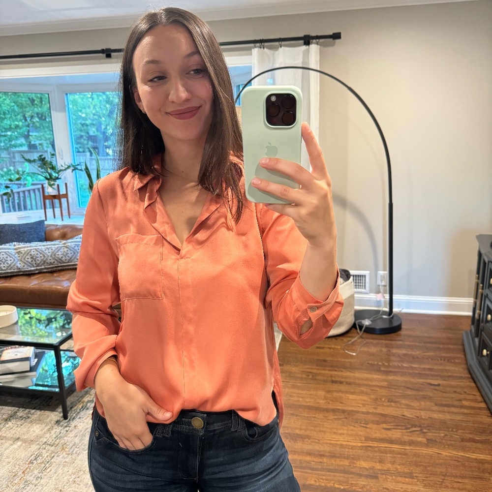 Lulus Women's Peach Satin Shirt Blouse